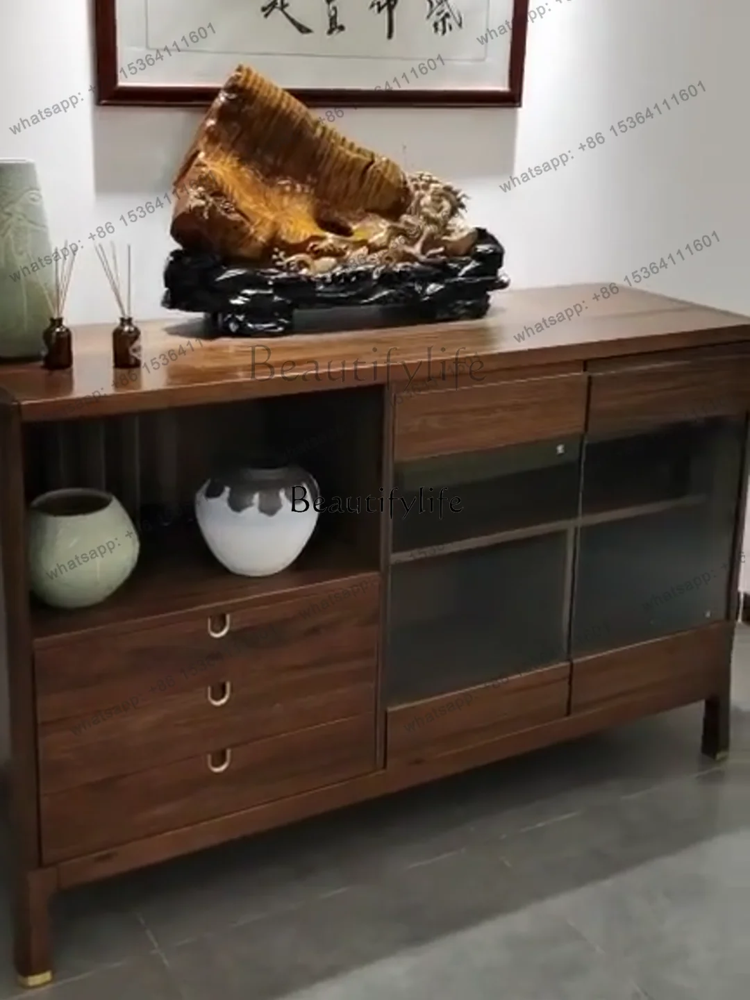 

56New Chinese Style Ugyen Wood Sideboard Cabinet Modern Simple and Light Luxury Kitchen Storage Locker