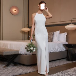 White Formal Crew neck Buttons Backless Evening Dress Jersey Straight Floor Length Sleeveless Pleats Front Slit 2024 Party Gowns