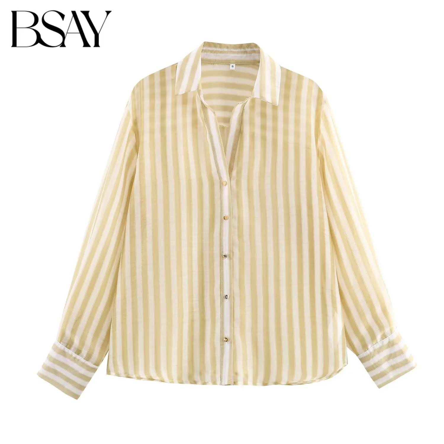 

BSAY Shirt for Women Fashion Autumn Winter New Striped Long Sleeves Single Breasted Lapel Street Clothing Blouse Chic Ladies Top