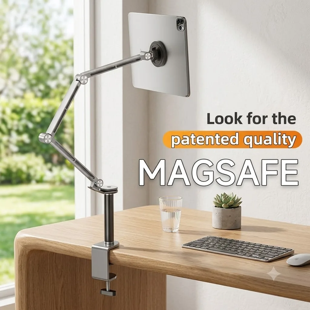 Tablet Desk Mount Stand,360° Rotating Adjustable Metal Arms Foldable, Sturdy Bed Mount for 4.7-13.5 Inch  iPad and Android