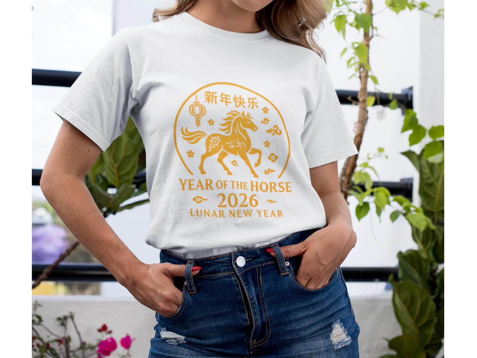Chinese New Year 2026 Horse T-Shirt Red Gold Lunar Zodiac Celebration Design Unisex High Quality Cotton Printed T-shirt Tops