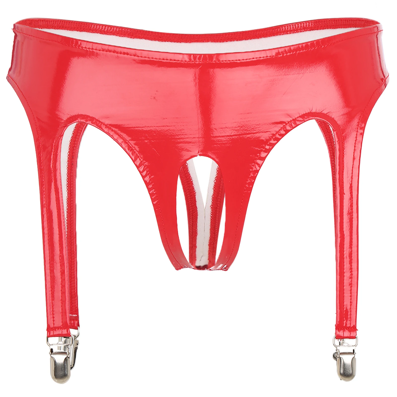 Womens Glossy Wetlook Patent Leather Briefs Underwear with Garter Clips Low Rise Crotchless Thongs Lingerie Clubwear Sleepwear