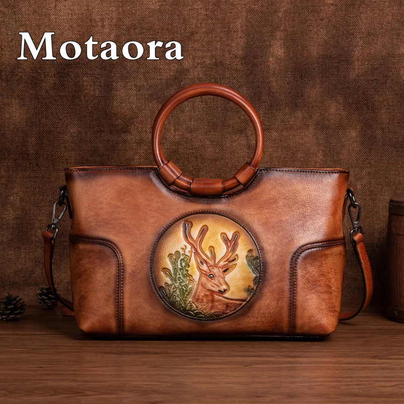 

MOTAORA New Vintage Cowhide Deer Head Shoulder Bag For Women's Embossed Handmad Handbag Genuine Leather Crossbody Bags Purse