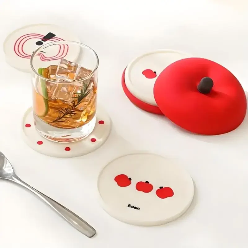 

Apples Shape Coasters Set Of 5 Funny Bowl Mats Glass Cup Coffee Cup Insulated Cartoon Silicone Coaster Home Kitchen Decoration