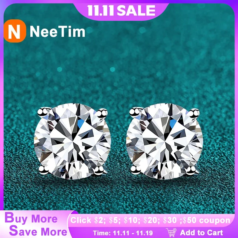 

NeeTim настоящие серьги с муассанитом цвета D 0,1-2 карата для женщин, 100% стерлинговое серебро 925 пробы с покрытием из белого золота, свадебные украшения