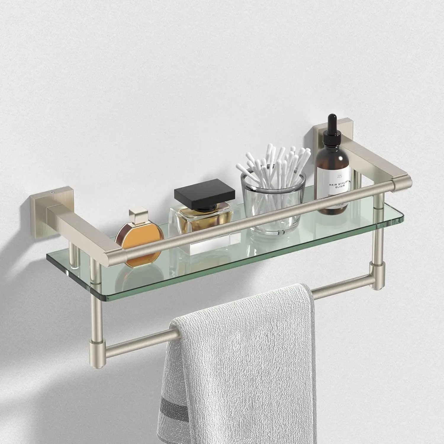 

16 Inch Brushed Nickel Bathroom Glass Shelf Wall Mounted Single Tier Storage Rack with Towel Bar Bathroom Wall Organizer Holder