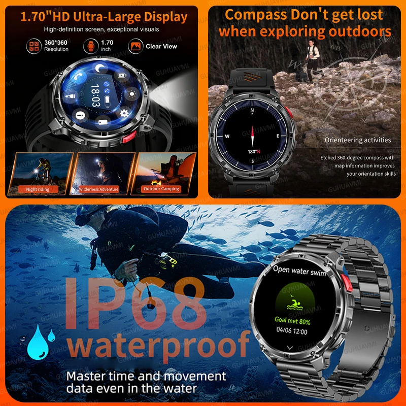 Ao ar livre militar 1100mah bateria ultra durável relógio inteligente lanterna bluetooth chamada 5atm à prova dwaterproof água esportes fitness relógio inteligente