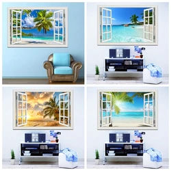 3D Beach Coconut Tree Wall Sticker, Seaside Landscape, Removable Wallpaper, Window View Decal Stickers, Home Decor