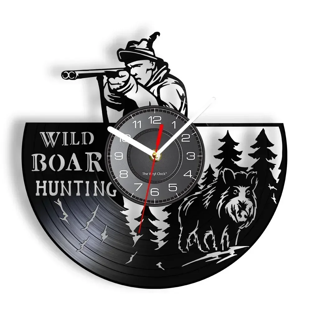 Wild Boar Hunting Vinyl Record Wall Clock Wildlife Animal Watch Hunting Hobby Creature Decor Timepieces Silent Shooter Gift