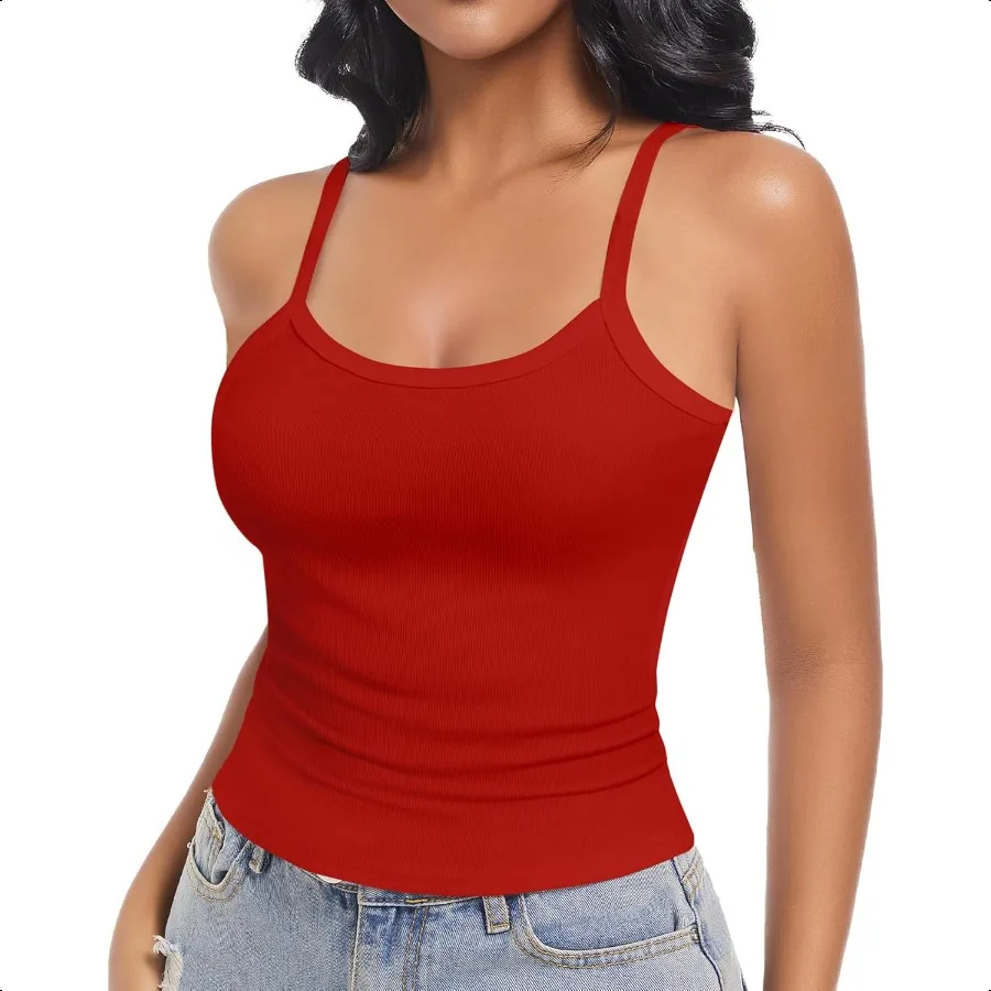 

Women Scoop Neck Spaghetti Strap Ribbed Tank Tops Slim Fitted Shirts Basic Sleevel Layering Camisole