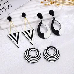 Fashion Acrylic Round Triangle Water Drop Earrings for Women Simple Black and White Stripes Dangle Earring Party Daily Jewelry