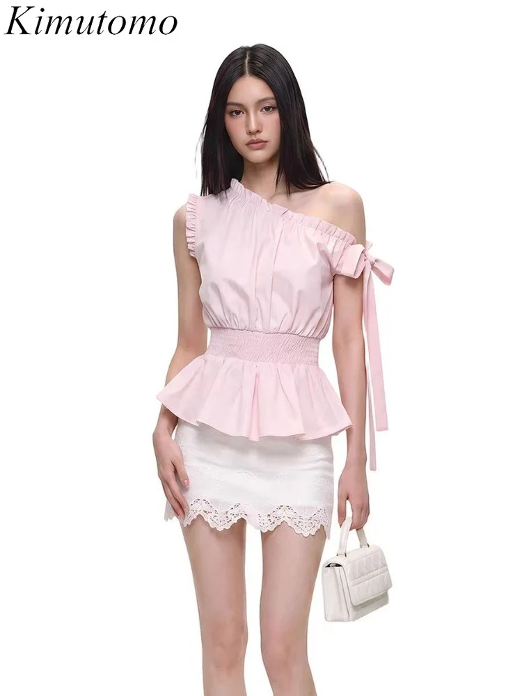 

Kimutomo Shirts Women Bow Diagonal Collar Off Shoulder Elegant Ruffles Patchwork Vintage Sweet Blouse Sleeveless Y2k Harajuku