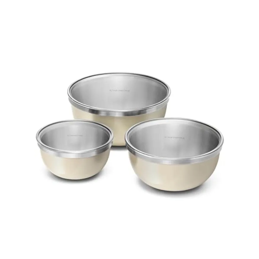 

Kitchen mixing bowl set: stainless steel, cream, non-toxic PFAS-free with tempered glass lids 6 qt, 4 qt, 2 qt, 6-piece