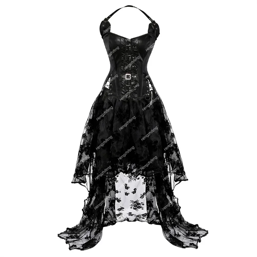 Gothic Leather Corset Bustier with Lace Party Skirt Waist Trainer Steampunk Pirate Corsage Outfit Halloween Costume Plus Size