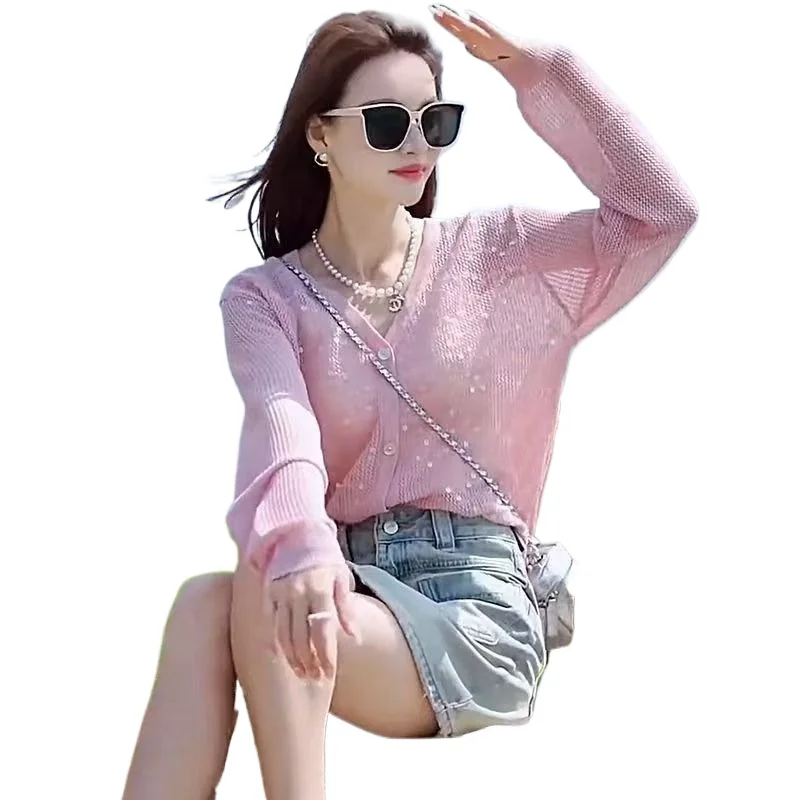 

Cardigan Premium Sequined Knitted Cardigan Women's Spring and Autumn New Temperament Versatile Long-sleeved Sunscreen Jacket Top
