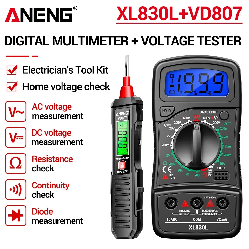 ANENG XL830L Multimeter with VD807 Voltage Tester Pen Set Data Hold Low Battery Prompt Portable Household Circuit Measuring Kit