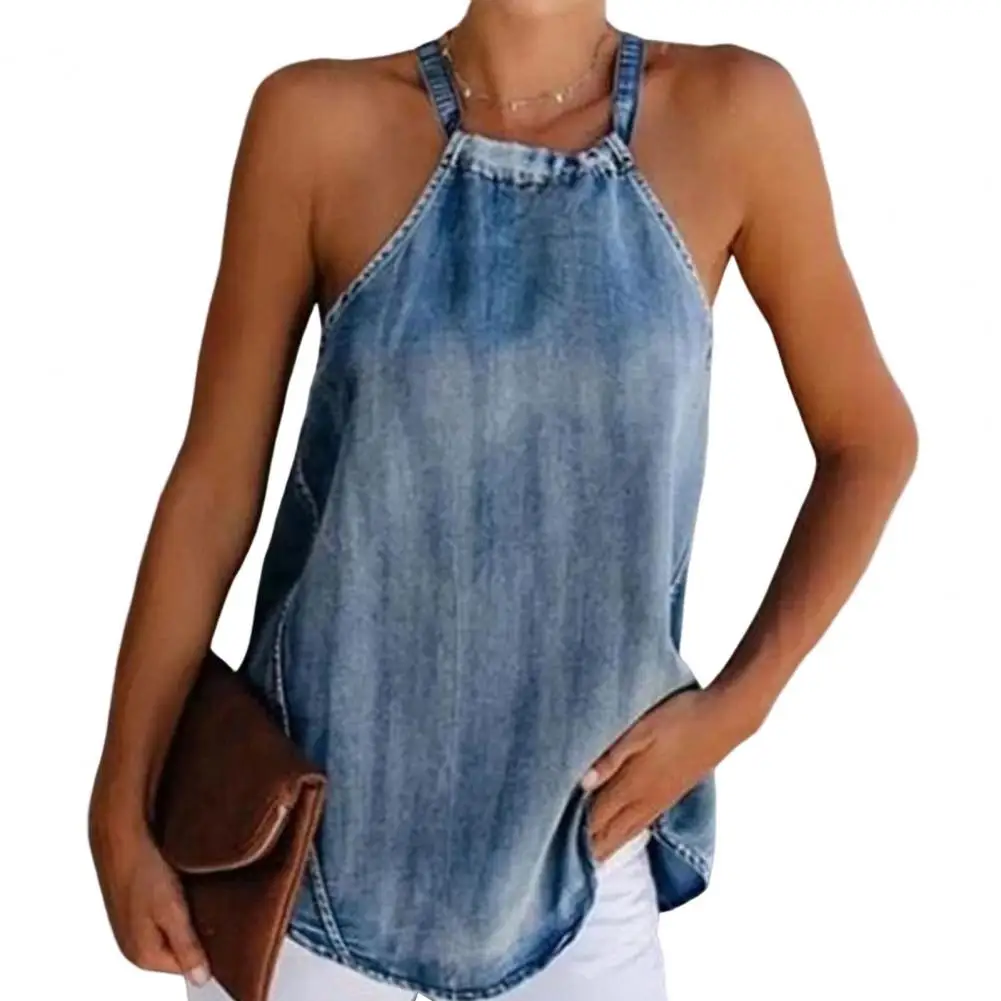 Dames Halter Tanktop Mouwloos Denim Casual Shirt Met Ronde Hals Spaghettibandjes Zacht Zomer Dames Halter Cami Shirt Vakantie