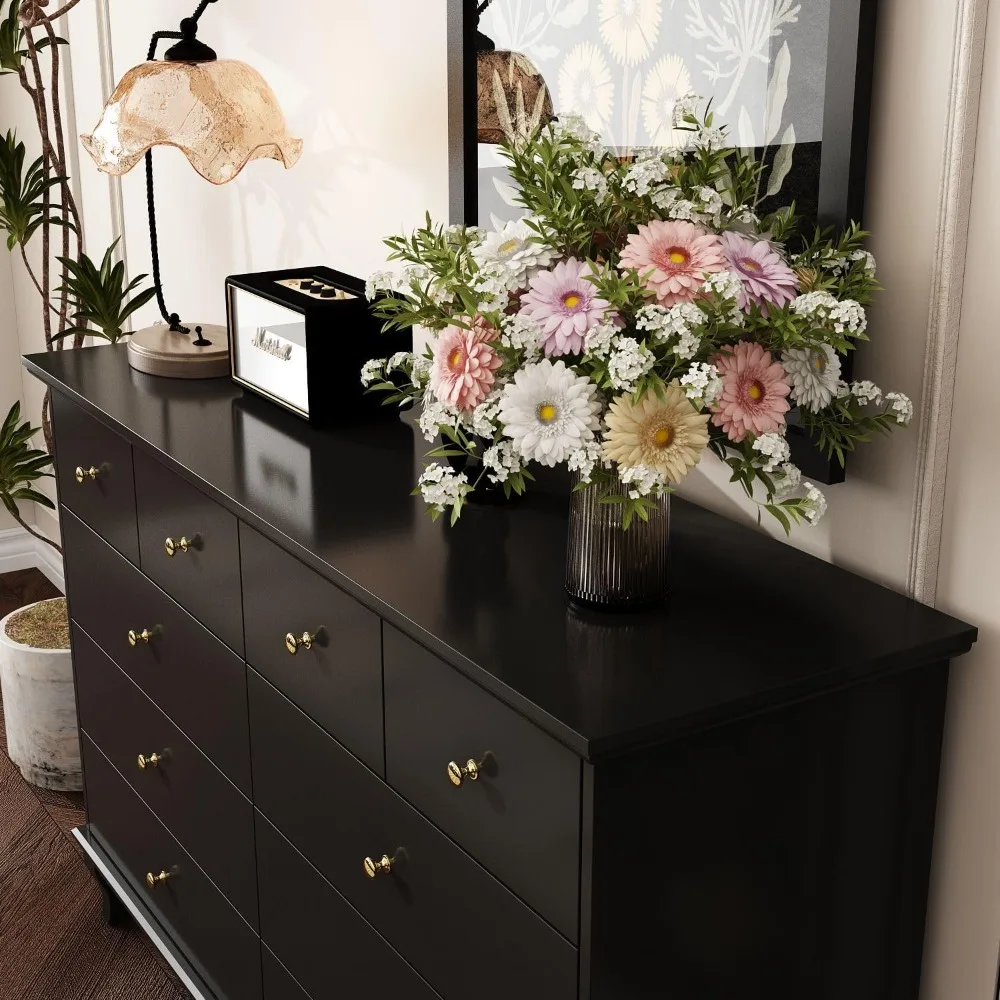 10 Drawer Dresser, Contemporary Dressing Table with Wooden Legs with Gold Handles for Bedroom Black (55.1