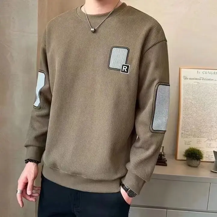 Embroidered Sweater Men's 2024 Spring and Autumn New Round Neck Loose Casual Bottoming Shirt Splicing Long-sleeved Top