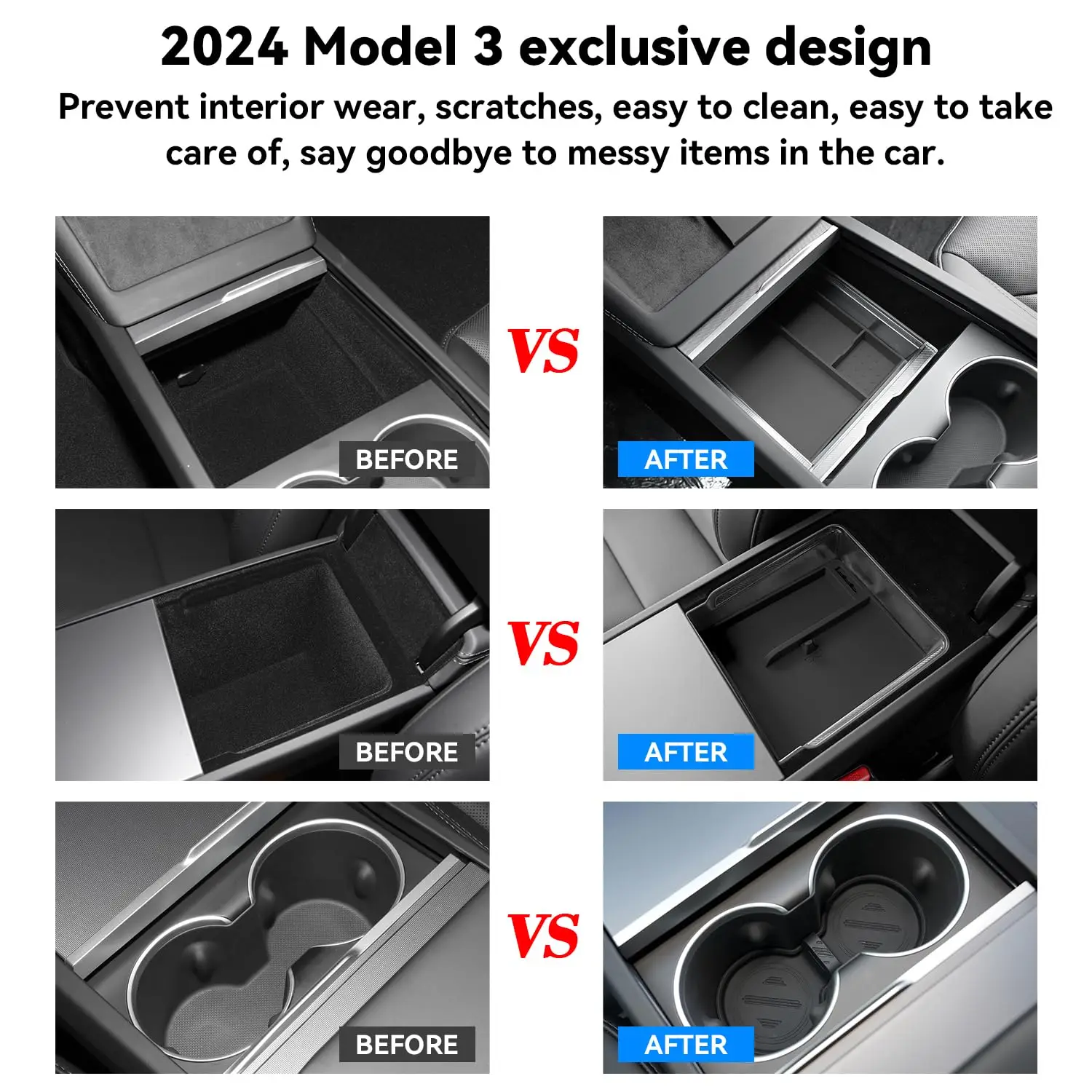 Center Console Organizer Set for Tesla Model 3 Highland 2024 Central Control Armrest Hidden Box Crystal Storage Box Accessories