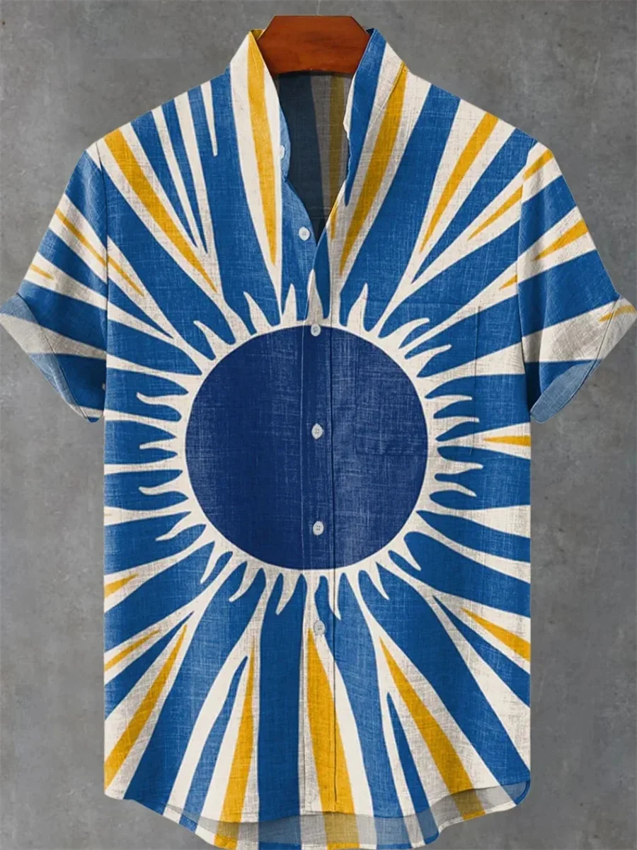 2025 New Ethnic Sunset 3D Printing Casual Fashion Linen Men's Stand Collar Short Sleeve Shirt Hawaiian Style Street Trend