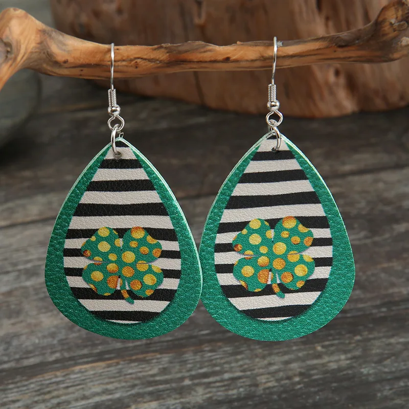 New Irish Green Festival Leather Earrings Creative St. Parker's Day Water Drop Stripe Clover Women Jewelry Wholesale