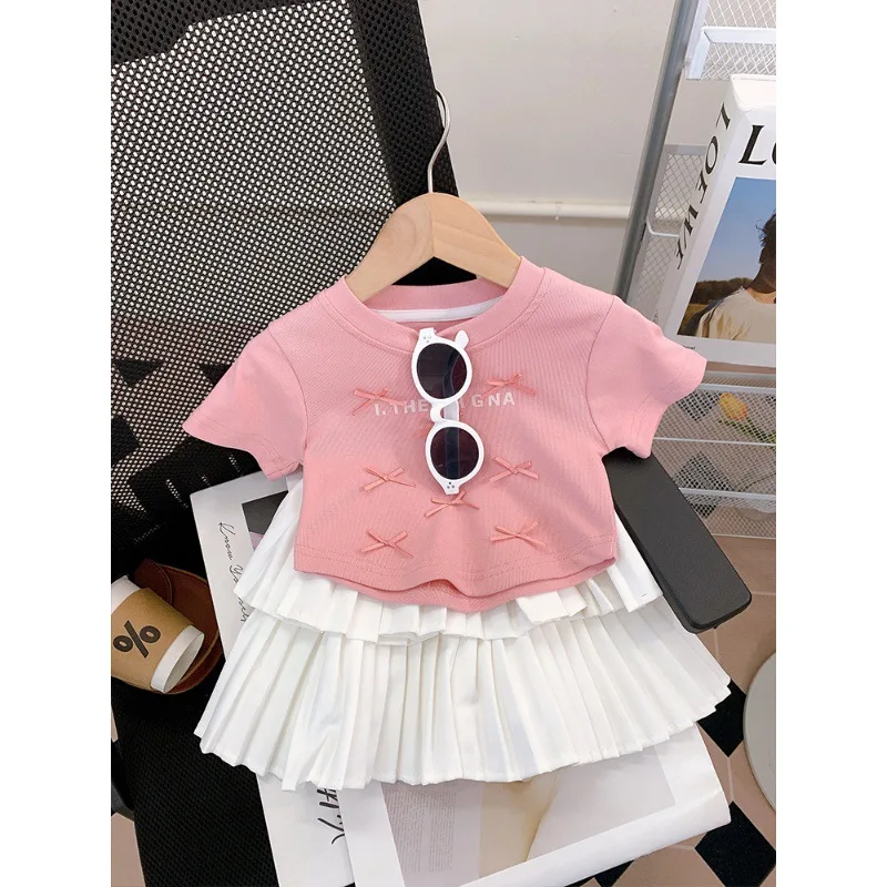 Summer Girls 2‑Piece Outfit Bow Short Sleeve Letter Print T‑Shirt + Pleated Layered Cake Skirt Kids Fashion Top Half Skirt Set