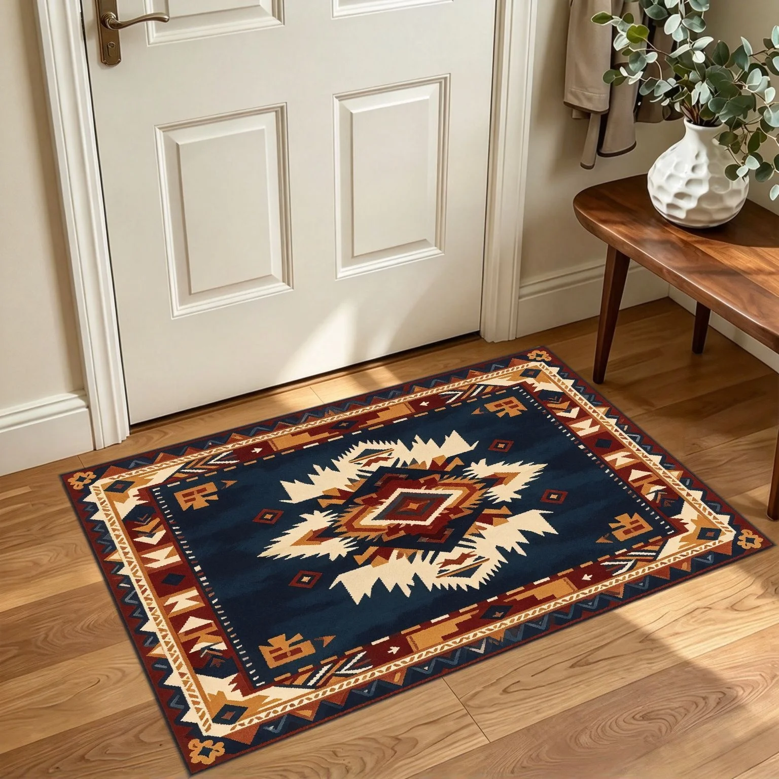 Ethnic Navajo Geometric Print Entry Rug Deep Blue Tone Washable Indoor Floor Mat For Hallway Entrance Home Retro Decoration
