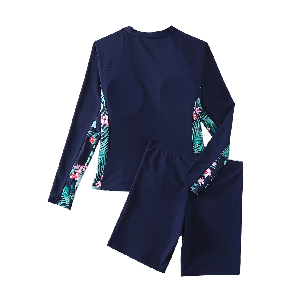 Traje de baño de dos piezas de manga larga con estampado Floral, ropa de playa de retazos, conjunto de Bikini con cremallera, pantalones cortos, 2024