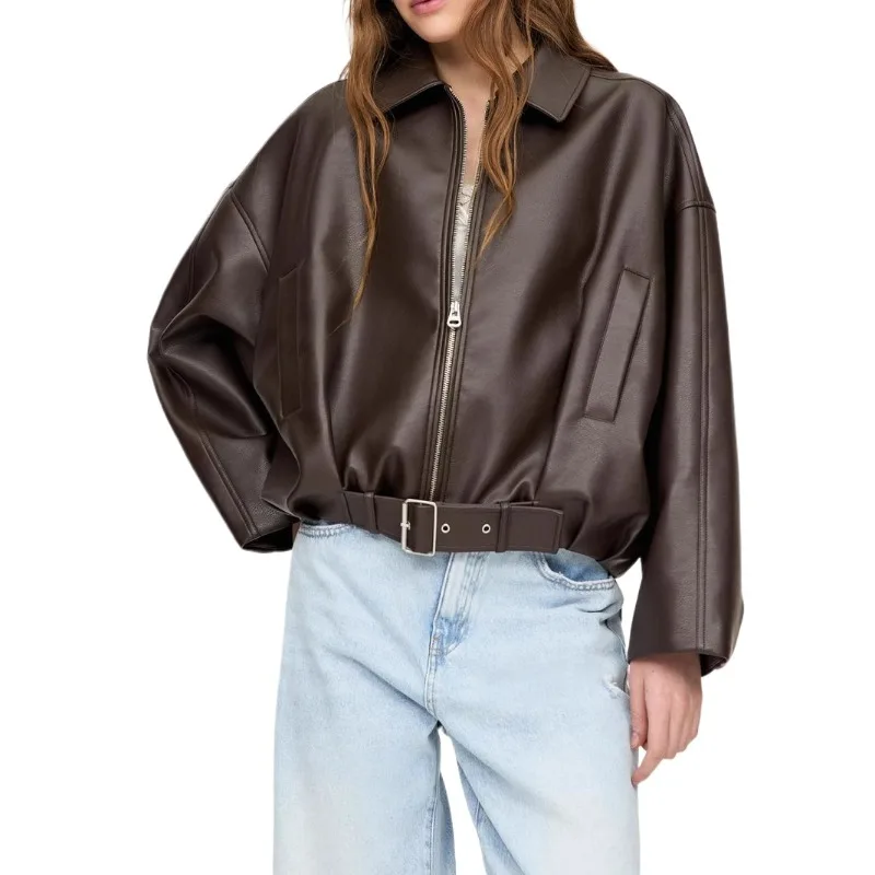 

European and American Women's Clothing Autumn and Winter Retro Jacket Bomber Jacket Women's Casual Artificial Leather Top Coat