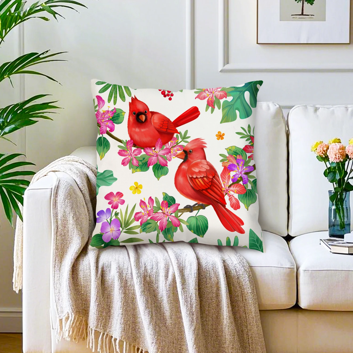 Cardinal Couple Bird Pillow Cover Flower Garden Cushion Covers Botanical Leaf Nature Decor Sofa Bedroom Living Room Home Accent