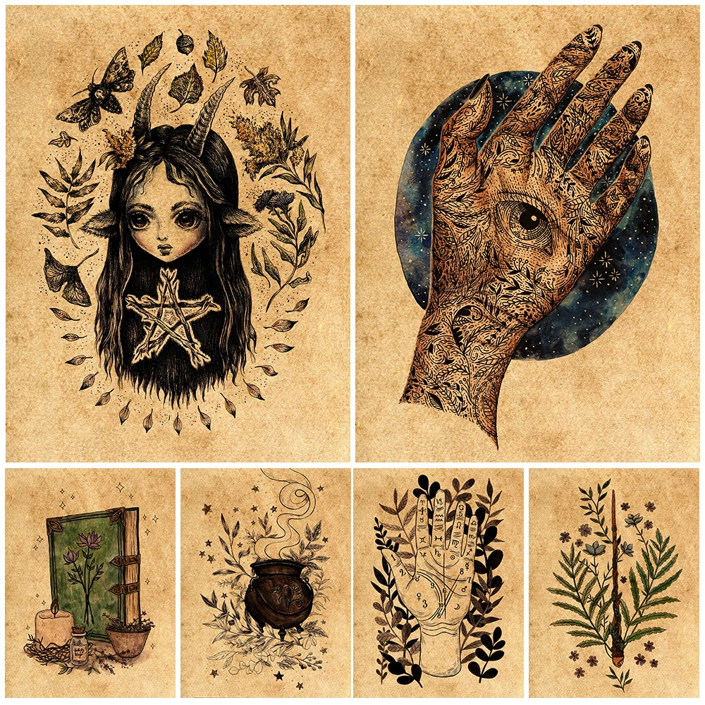 

Palmistry Divination And Spellbook Vintage Wall Art Canvas Painting Witchcraft Magic Retro Poster Print Home Decoration Unframed