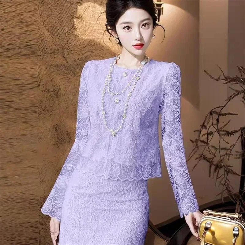 New High Quality Luxury Elegant Two Piece Set Women Floral Print Lace Embroidery O-Neck Long Sleeve Blouse + Bodycon Skirts Suit