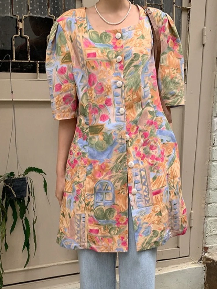 Summer New Sle Retro High Waist Print Dr Women's Faionable A-Line Skirt ort Sve Square Collar Hand-Painted Design