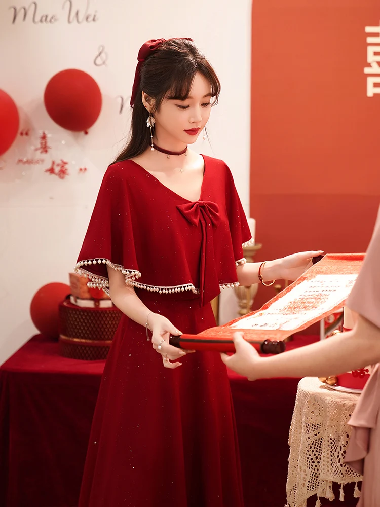 

plus Size Wedding Dr Long Sve V-Ne A-Line Skirt Red Evening Gown for Bride Conceals Arms And Belly Perfect for Banquet