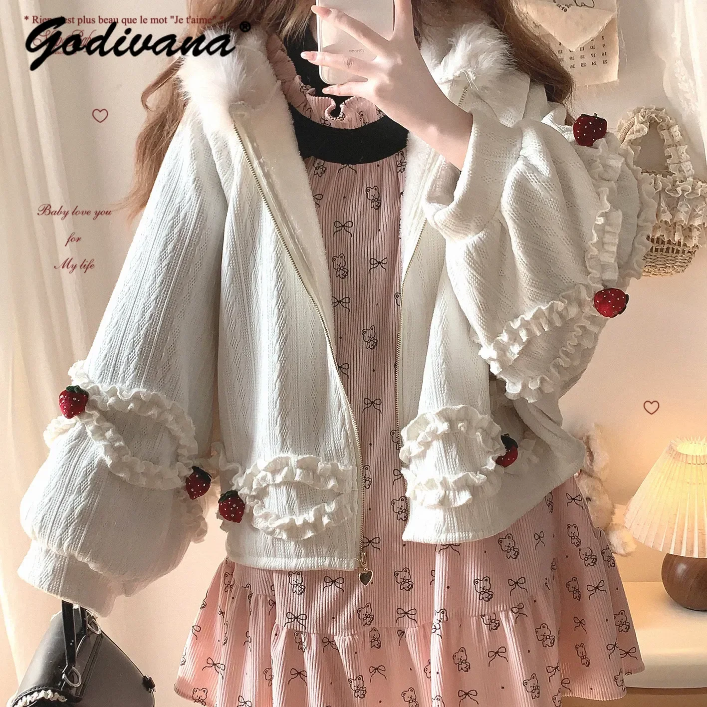 Sweet Lolita Knit Coat Strawberry Cake Girl Women's Casual Velvet Fleece Lined Jacket Cute Fluffy Hooded Winter Warm Outerwear