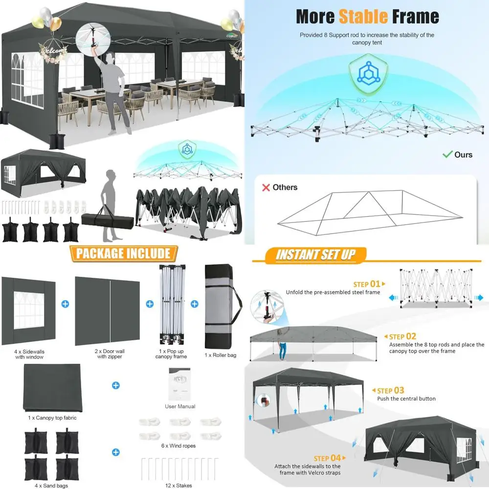 

HOTEEL 10x20 Pop Up Canopy with 6 Sidewalls,One-Push Setup Canopy Tent with 8 Windbreak Poles,Waterproof Shade 10x20,Outdoor Can