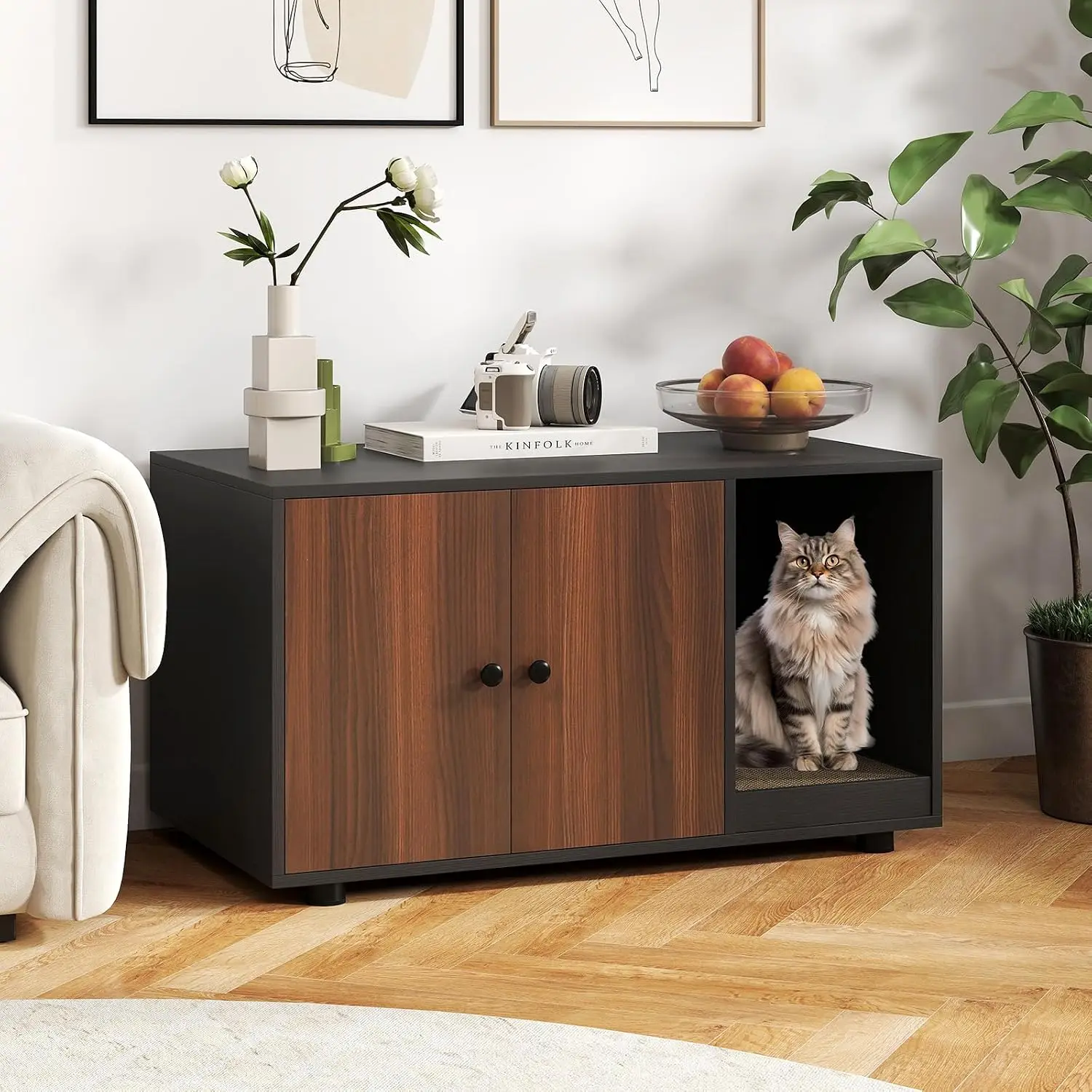 Cat Litter Box Enclosure, Hidden Litter Box Furniture with Scratching Board, Double Doors, Modern Indoor Cat House End Table