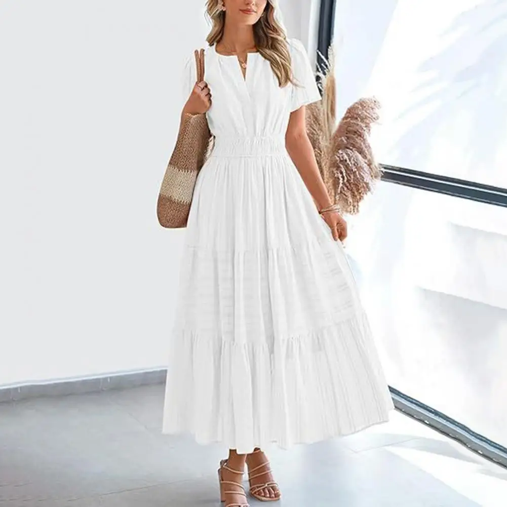 Sway Dress ชุดเดรสแม็กซี่เดรสคอวีหรูหราพร้อมเอวสม็อคฉัตร Flowy Design สําหรับผู้หญิงฤดูร้อนชุดเดรสยาวจีบสั้น