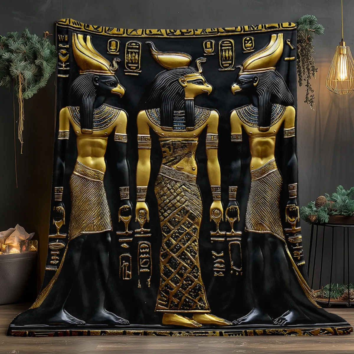 Egyptian Gods Golden Black Flannel Blanket Pharaoh Mythology Ancient History Decorative Throw Blanket