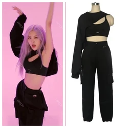 Kpop cantante coreana chaleco recortado negro sudaderas con capucha trajes de baile traje de escenario de Jazz club nocturno mujeres grupo pantalones de baile de Hip-Hop disfraz