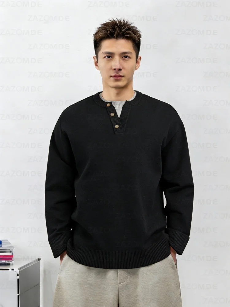 

ZAZOMDE 2025 New Korean Style Solid Color Sweater Men Faux Two Piece Construction Design Soft Yarn Loose Fit Casual Top