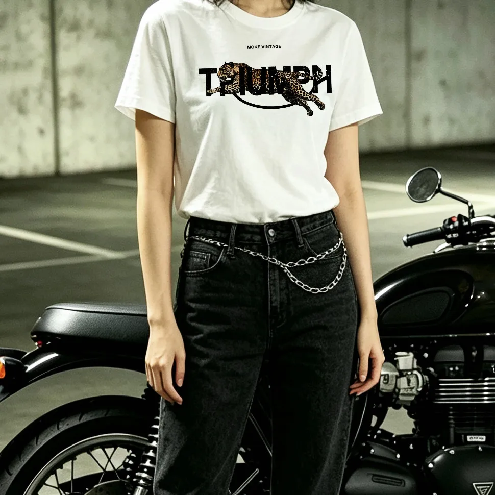 Amerikanische Motorrad-Ästhetik Triumph Leopardenmuster Atmungsaktives Baumwoll-Unisex-T-Shirt mit Rundhalsausschnitt und kurzen Ärmeln – Detail 5