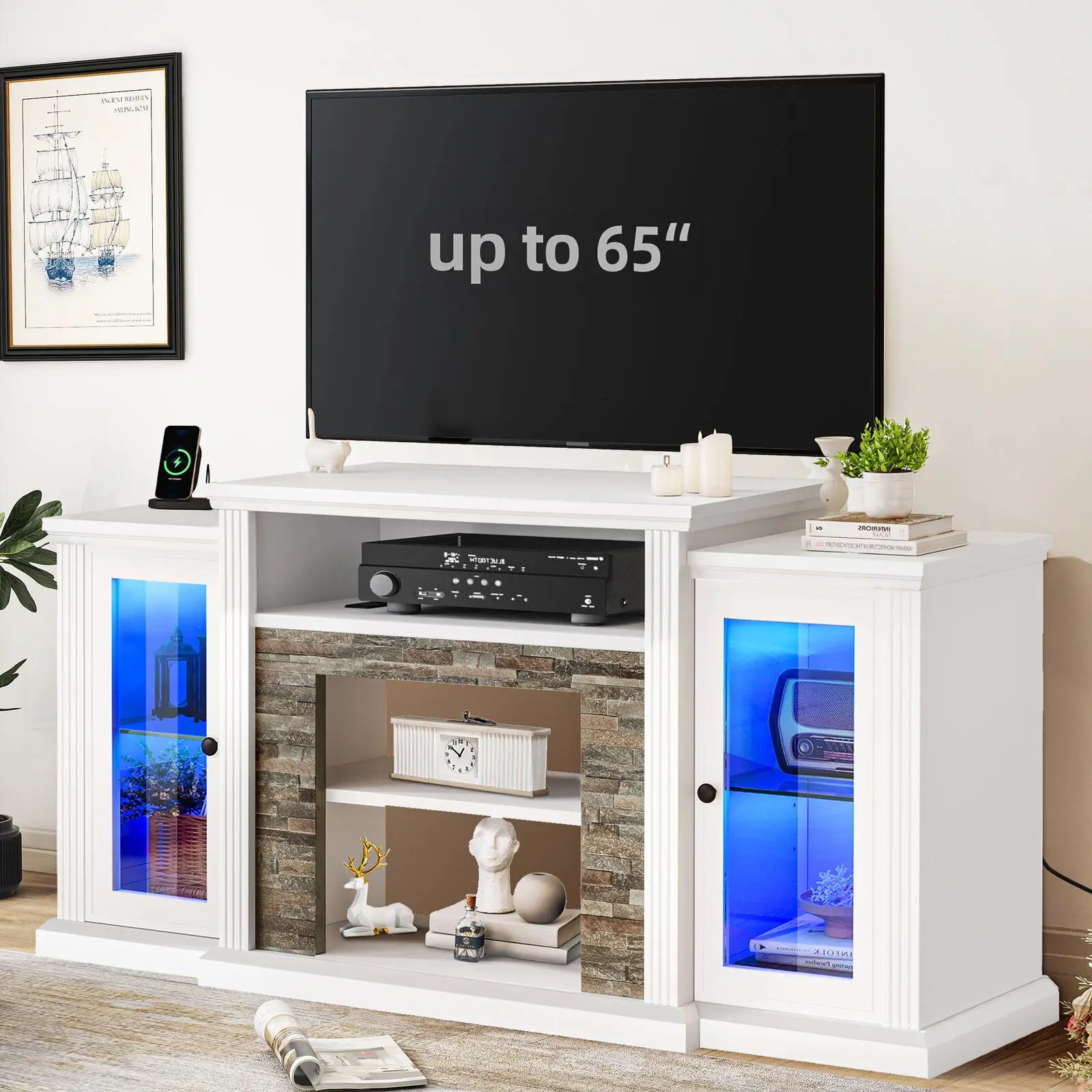 

LED Table TV Stand for 65 55 inch TV w/Power Outlet Glass Door