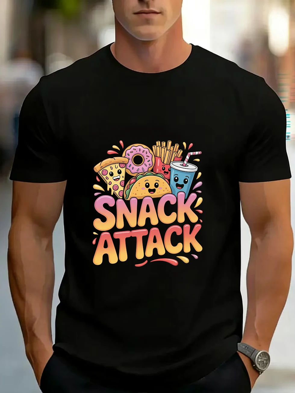 Men's Short-Sleeved T-Shirt with Skull, Cigar, Trendy Fonts, Pizza, Donut, Fries, Taco, Drink Cup, Cartoon Illustration, Unisex Couple Style, Pure Cotton