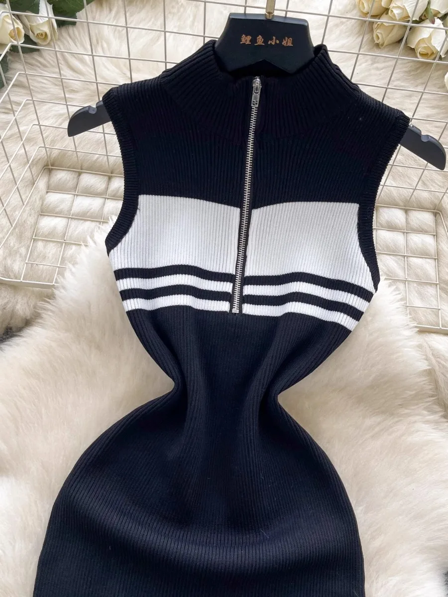 Foamlina Fall Striped Knit Sleeveless Dress Women's 2025 New Elastic Slimming Bodycon Vest Sweater Dress for Autumn