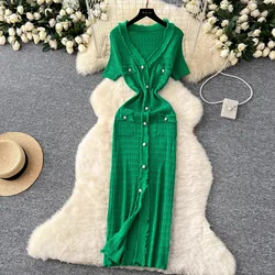 YuooMuoo Chic Fashion Sexy Slim Wrap Bodycon Dress 2025 Summer Brand Style Women Knitted Long Dress Elegant Office Lady Vestidos