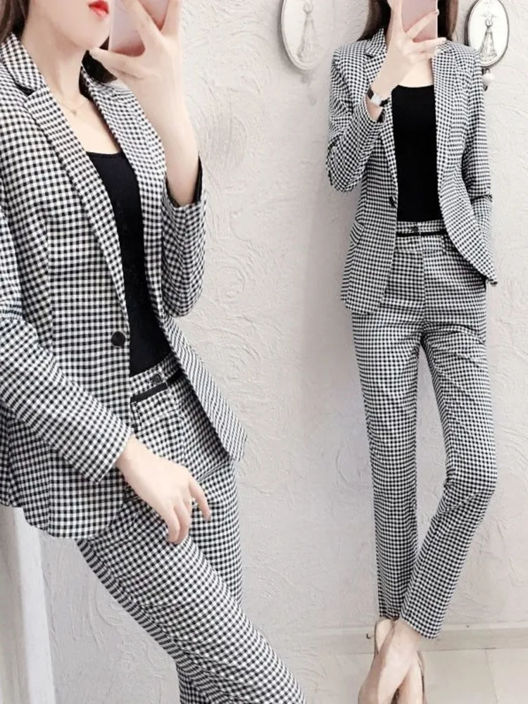 2 Piece Elegant Women Plaid Set New Fashion Vintage Office Business Casual Single Breasted Blazer Jacket Pants Feet Pants