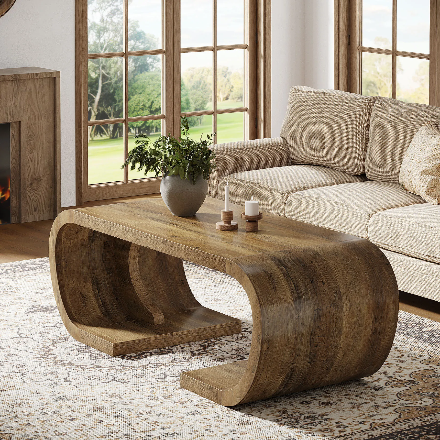 

#ji Tribesigns Farmhouse Coffee Table C Shaped Curved Base Heavy Duty Center Tea Table For Living Room Home Office Rustic Brown