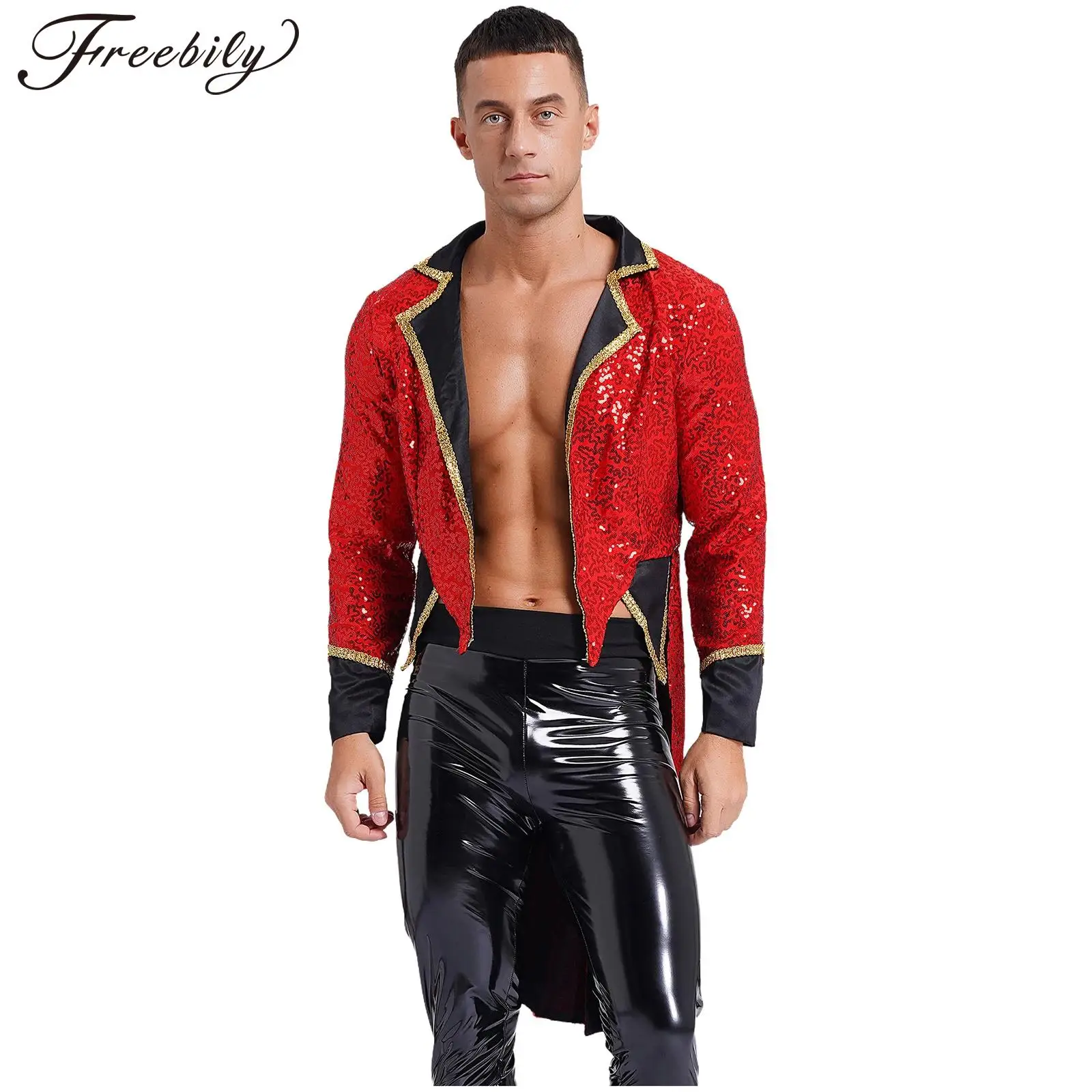 Mens Circus Tuxedo Coat Sequin Notch Lapel Long Sleeve Open Front Tailcoat Jacket Halloween Ringmaster Magician Costume